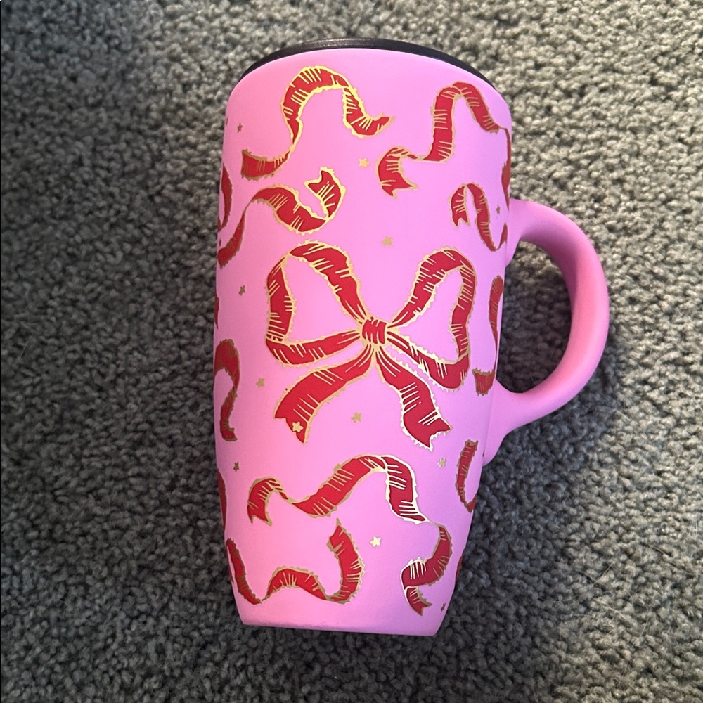 Pink Travel Mug with Red & Gold Bow Pattern